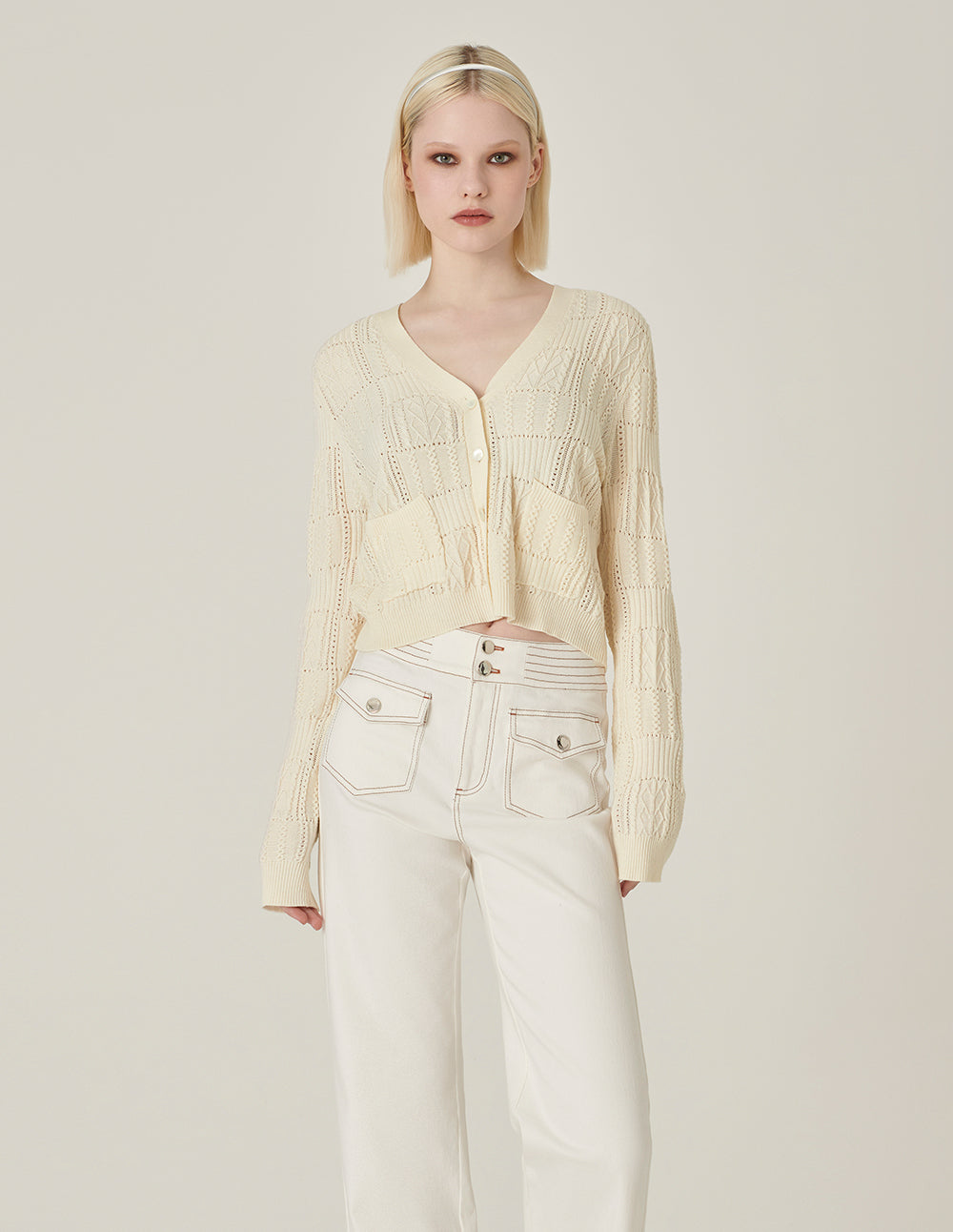 MARYLING Cream V-Neck French Knitted Cardigan