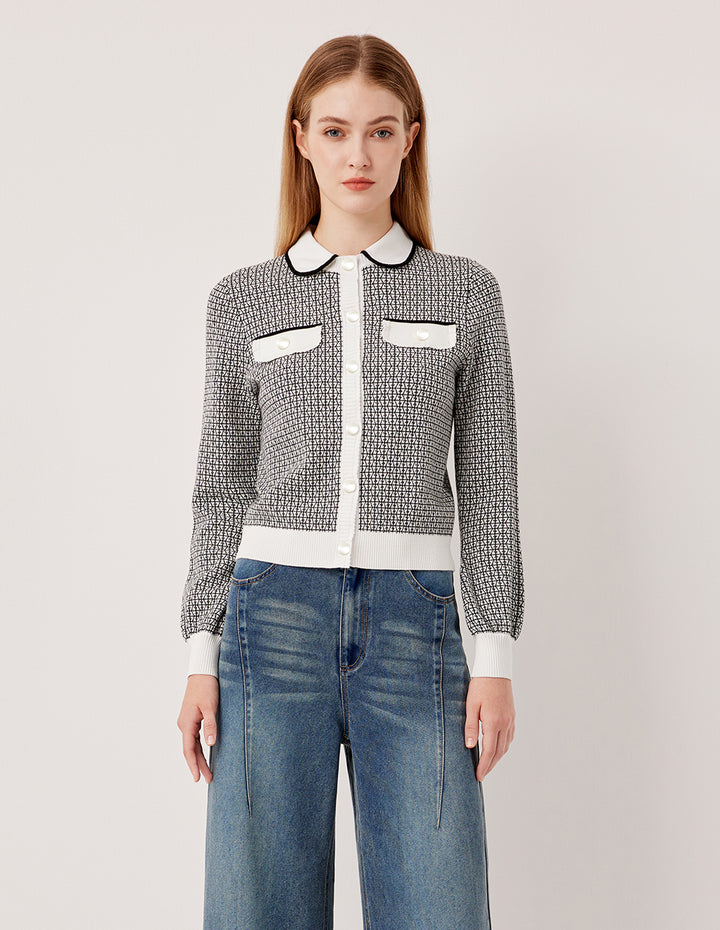 MARYLING Round Neck Long-Sleeve Houndstooth with 2 Pockets Knit Cardigan