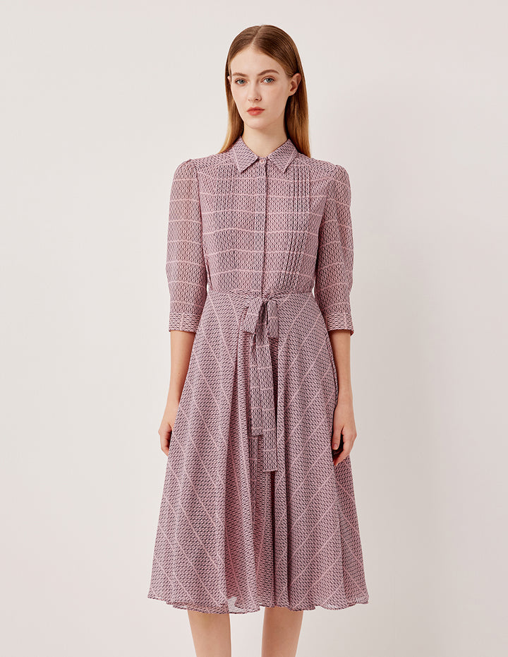 MARYLING Lapel Puff Long-Sleeve Pin Tuck Plaid with Tie Belt Pleated Midi Shirt Dress
