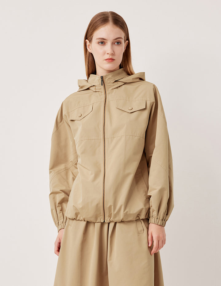 MARYLING Stand Collar Hooded Elastic Hem Cargo Jacket