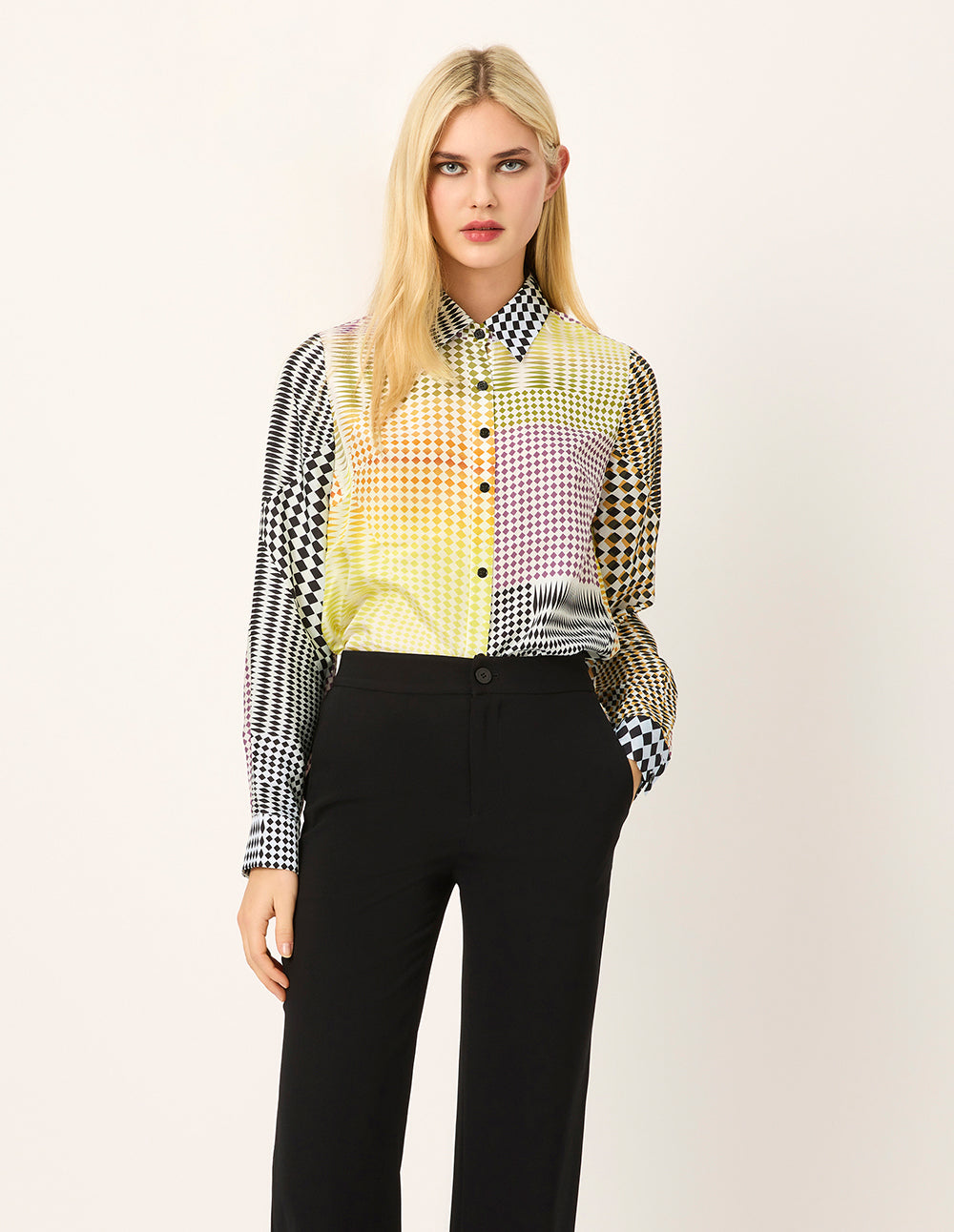 MARYLING Color Block Printed Long Sleeve Silk Blouse