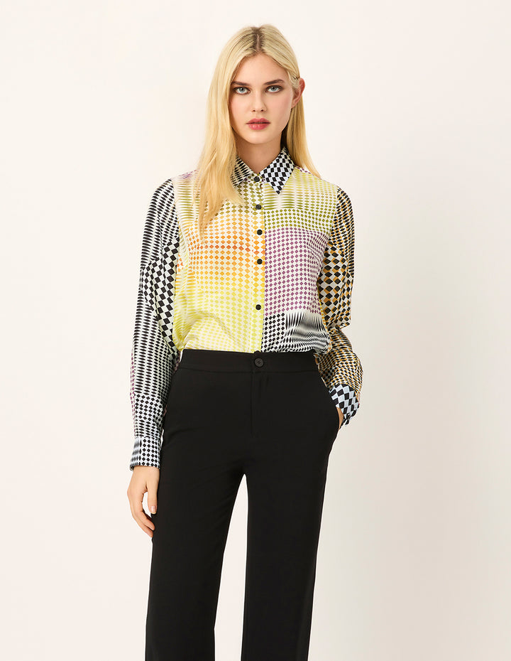 MARYLING Color Block Printed Long Sleeve Silk Blouse