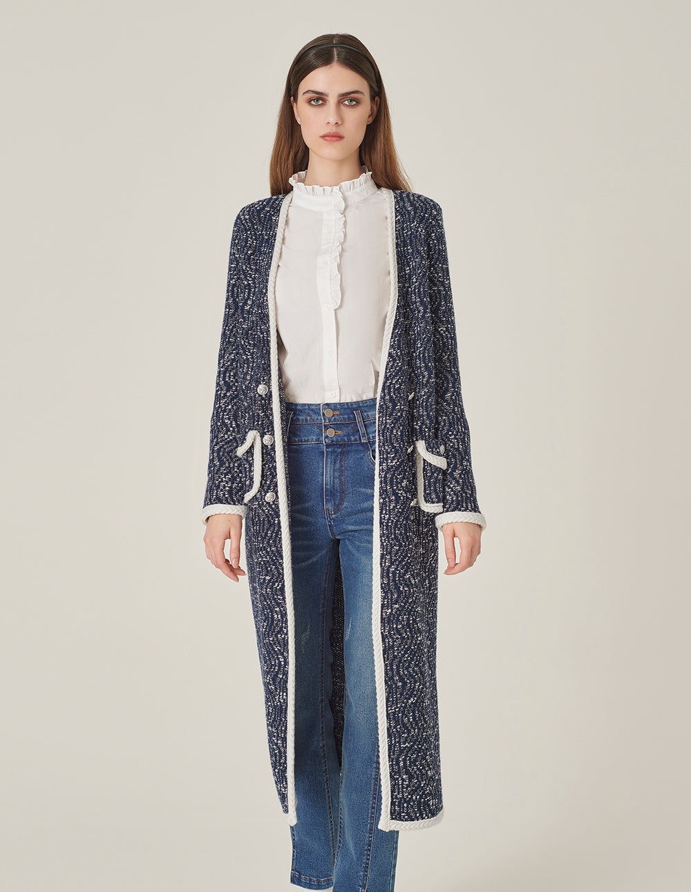 MARYLING V-Neck Long-Sleeve Straight Tweed Knitted Long Cardigan Jacket