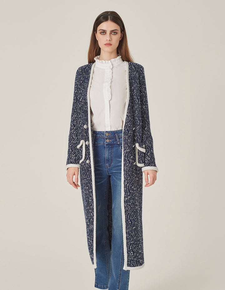 MARYLING V-Neck Long-Sleeve Straight Tweed Knitted Long Cardigan Jacket