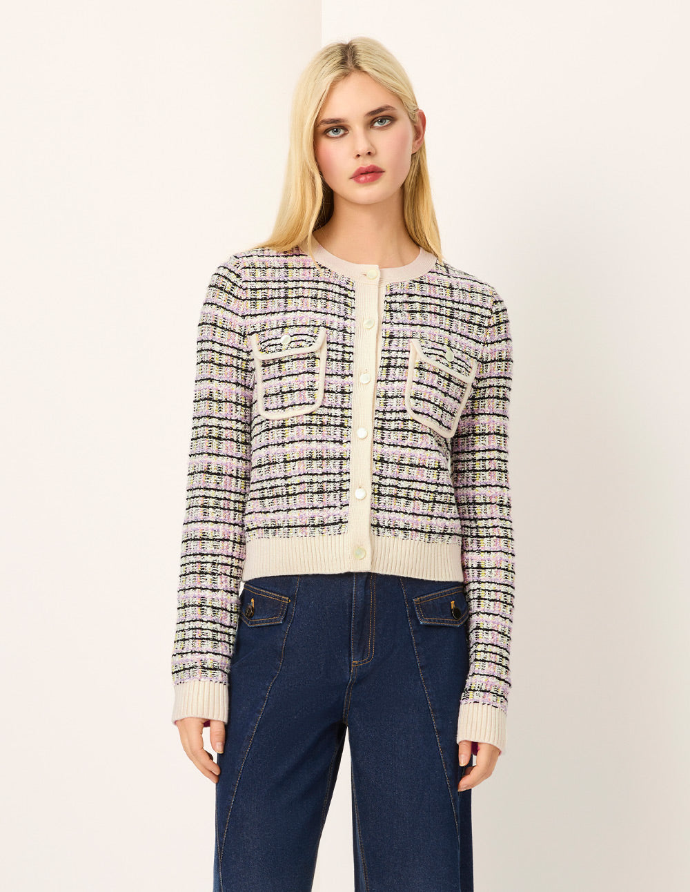 MARYLING Colorful Checkered Round-Neck Long-Sleeve Cropped Knit Cardigan