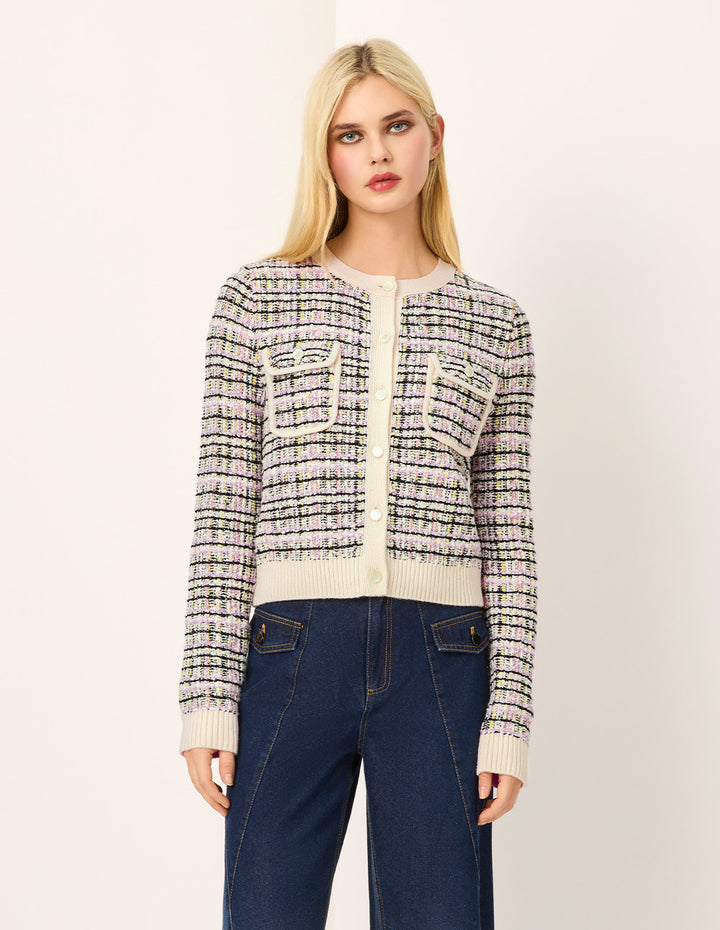 MARYLING Colorful Checkered Round-Neck Long-Sleeve Cropped Knit Cardigan