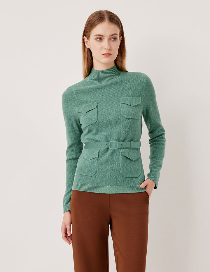 MARYLING Ribbed Semi-High Neck Merino Wool Blend Pullover Sweater