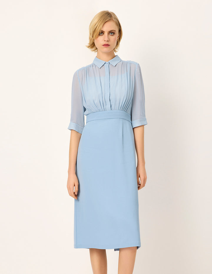 MARYLING Lapel Pleated Empire-Waist Midi Shirt Dress