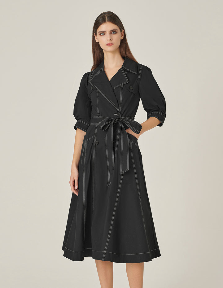 MARYLING Lapel Puff-Sleeve Double-Breasted Wrap Dress