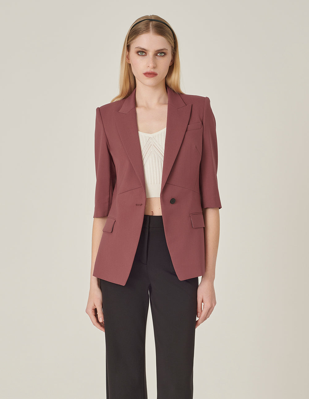 MARYLING Brick Red Peaked Lapel 3/4 Sleeve Single-Breasted Blazer