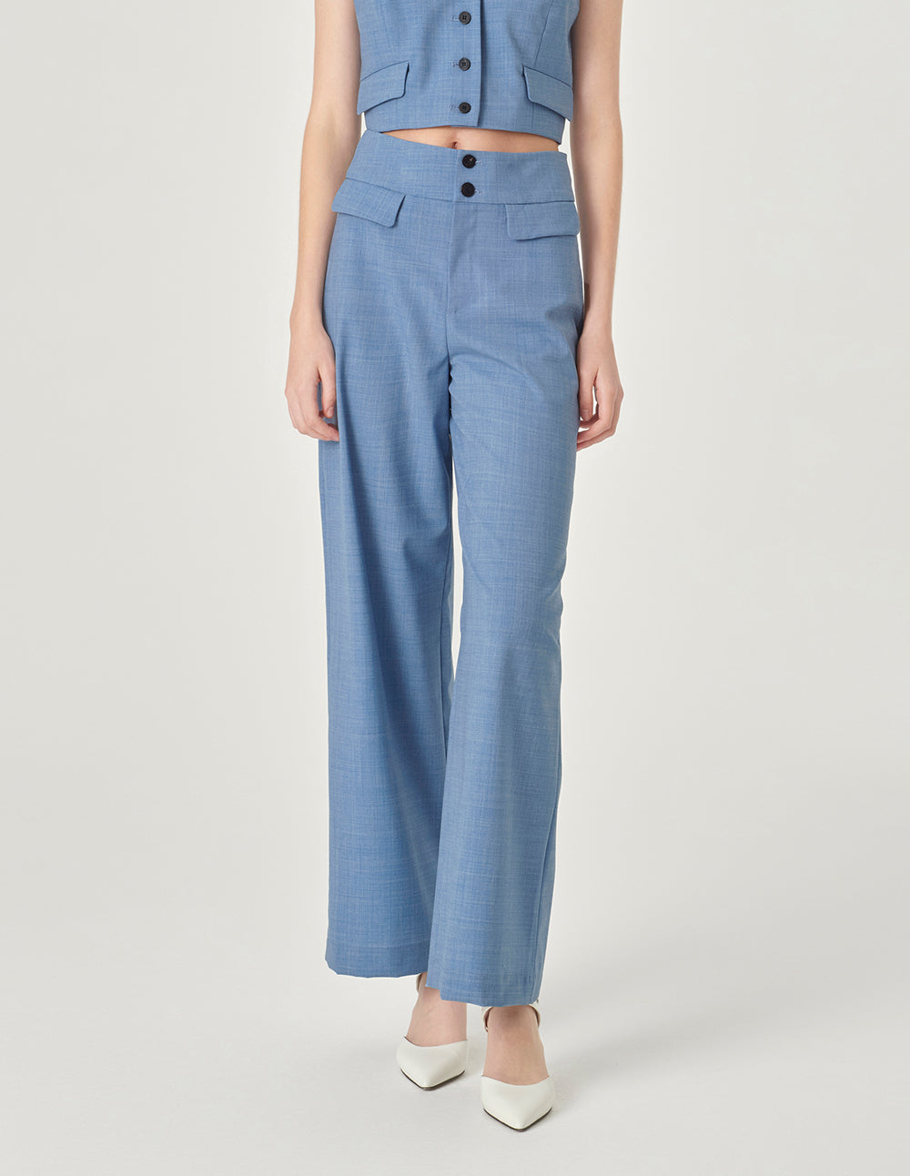 MARYLING Mist Blue Wide-Waisted Embellished Wide-Leg Pants