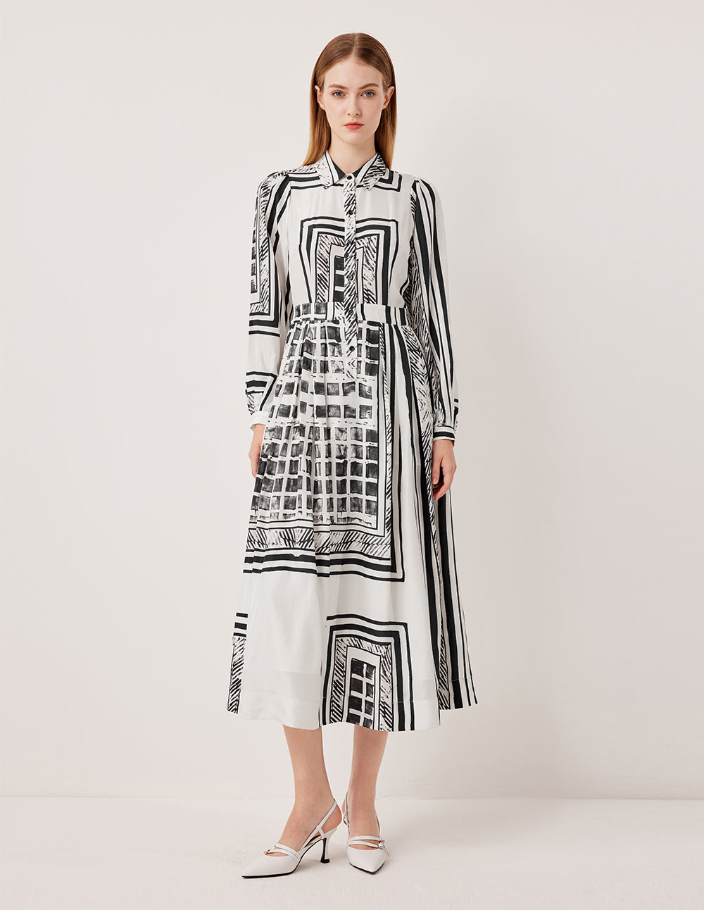 MARYLING Bubble Long Sleeve Black & White Printed Midi Shirt Dress