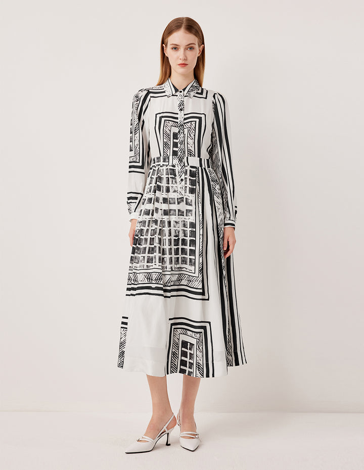MARYLING Bubble Long Sleeve Black & White Printed Midi Shirt Dress