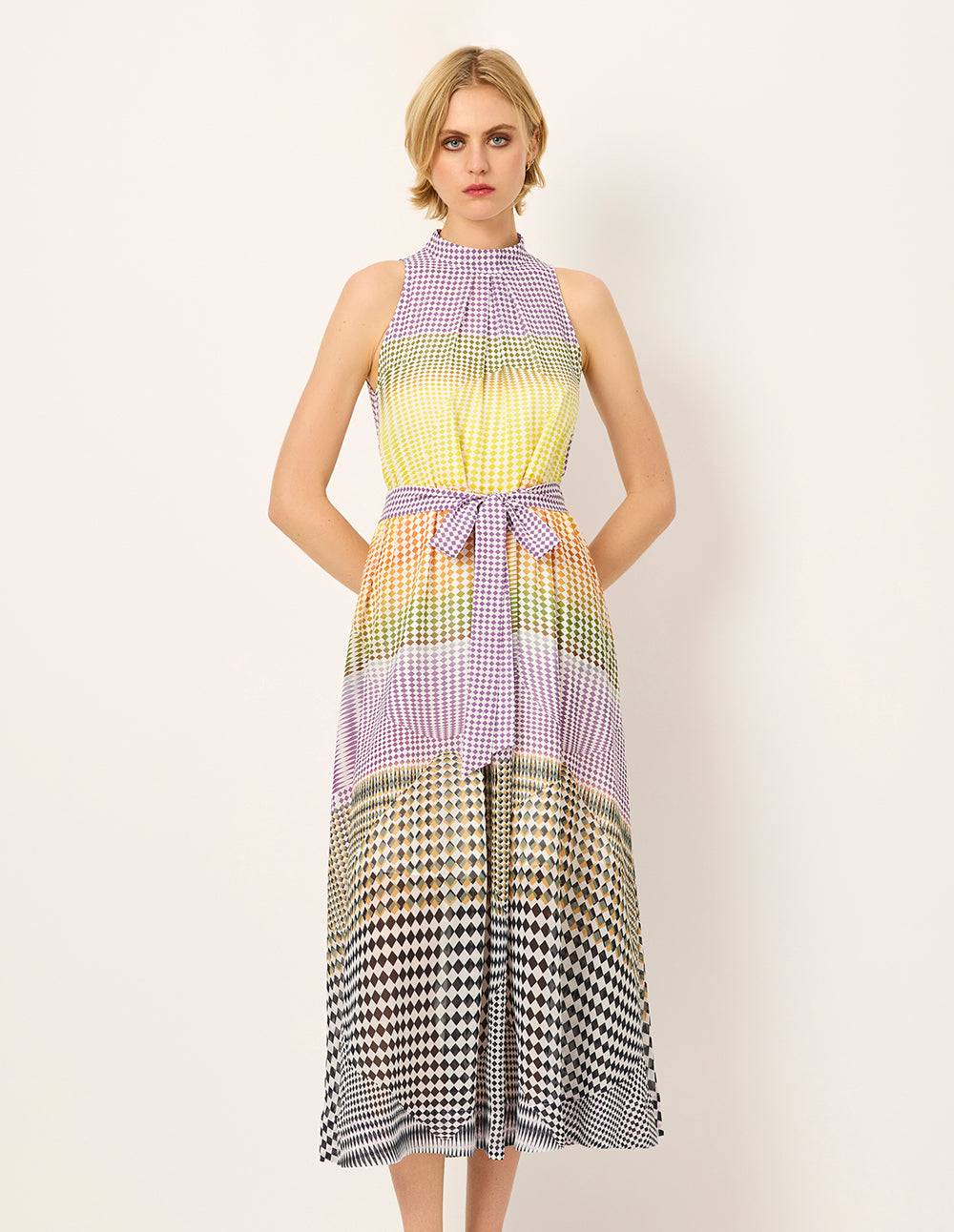 MARYLING Rhombus Print Sleeveless Empired Midi Silk Dress