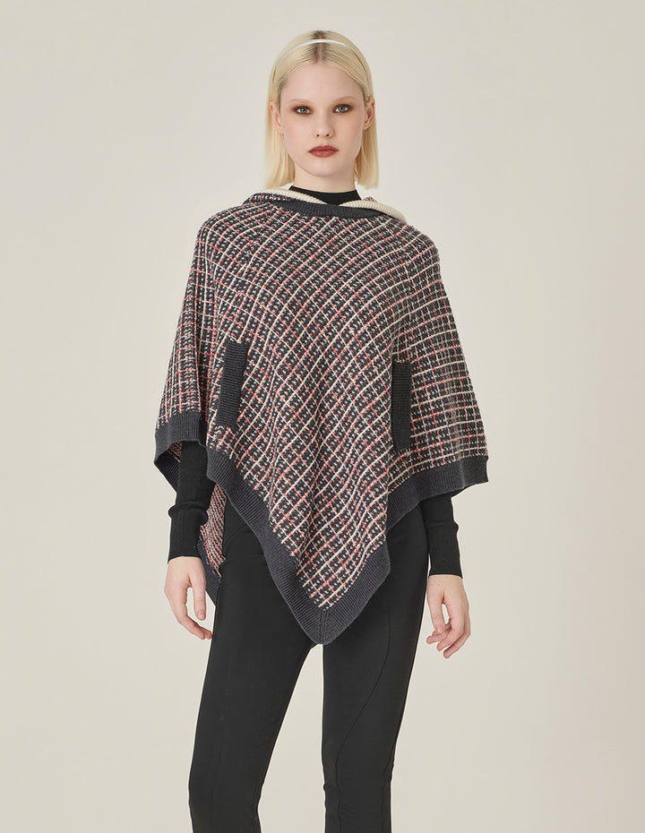 MARYLING Red And Black Hooded Knitted Plaid Shawl