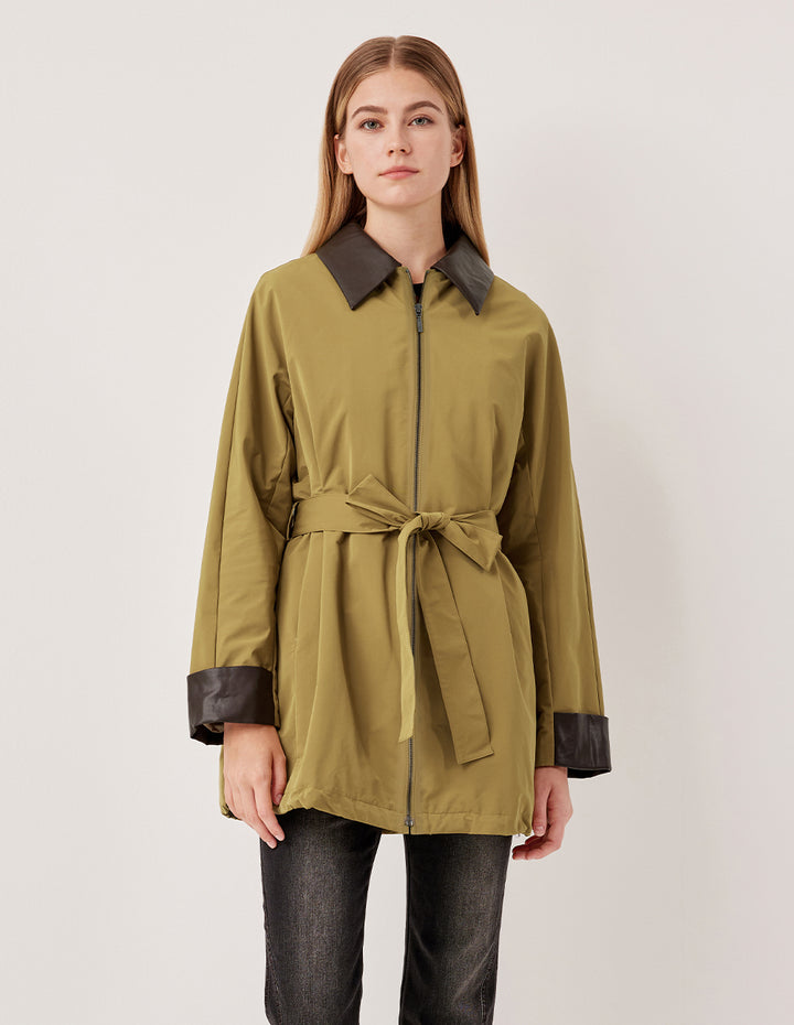 MARYLING Collared Zipper Belt Mid-Length Coat