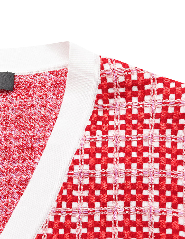 MARYLING V-Neck Red & White Checkered Long Sleeve Cardigan