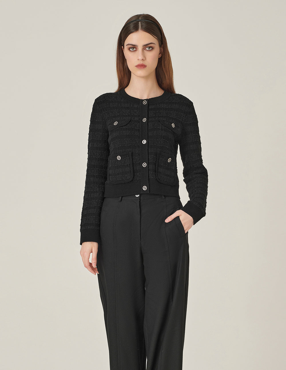 MARYLING Black Round Neck Dark Texture Cropped Knitted Cardigan