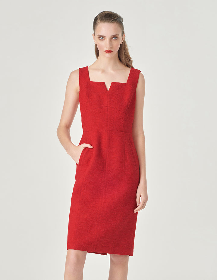 MARYLING Red Square V-Neck Tweed Vest Dress