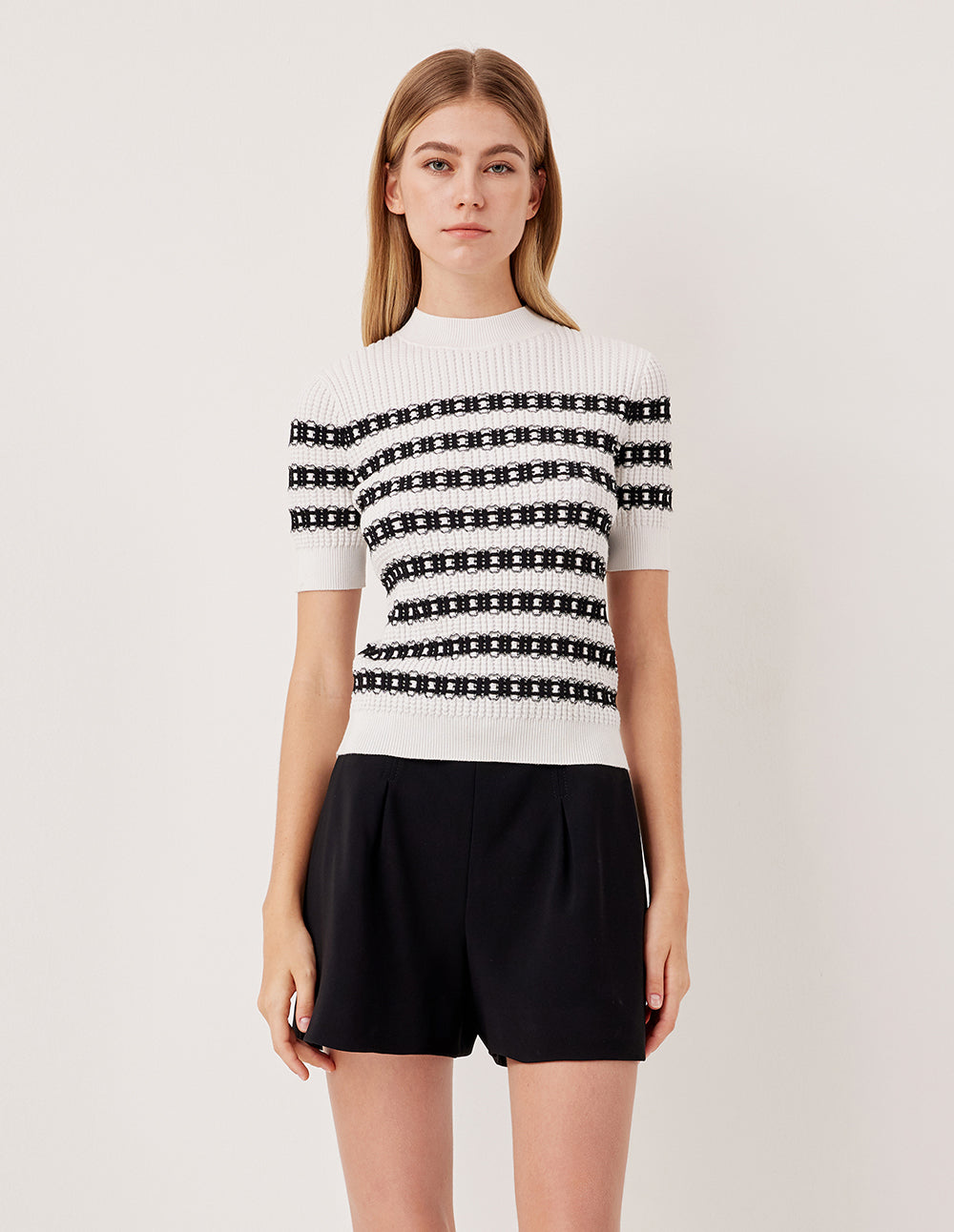 MARYLING Round Neck Short Sleeve Lace Textured Stripe Knit Top