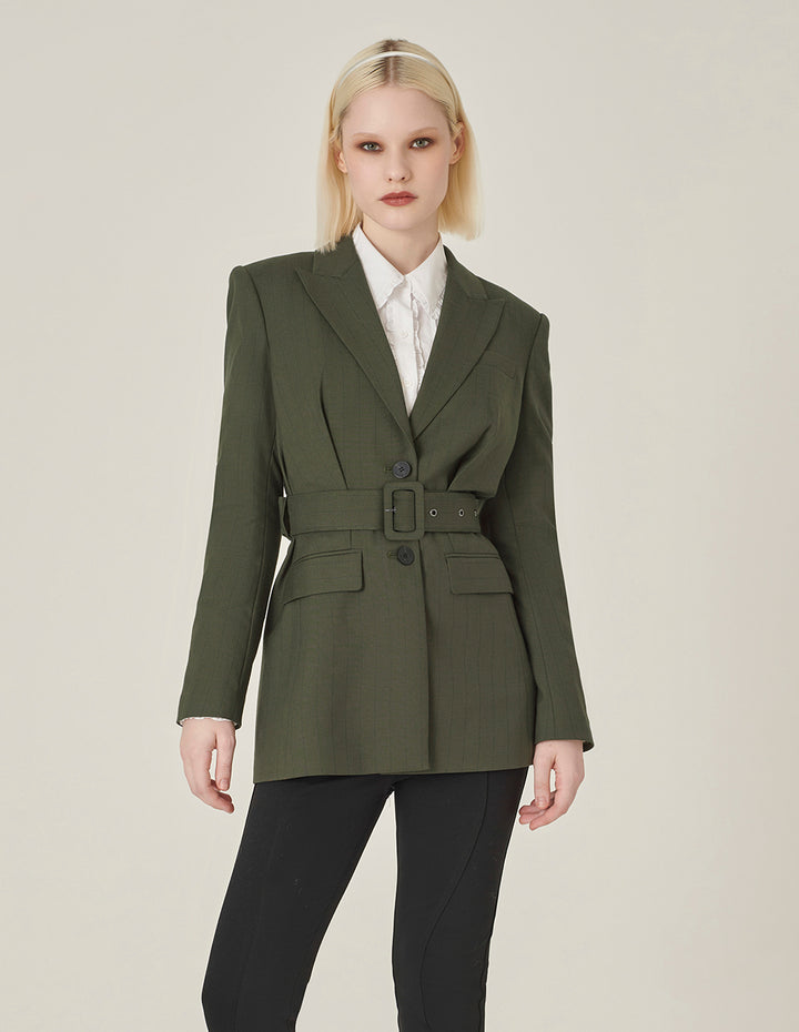 MARYLING Army Green Lapel Long-Sleeve Single-Breasted Midi-Length Coat