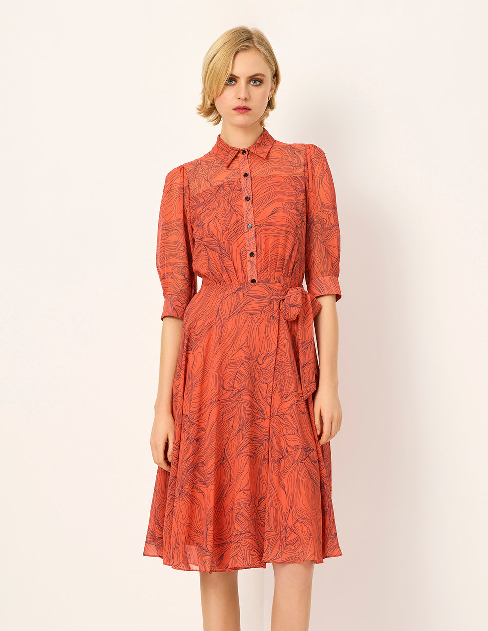 MARYLING Tie-Waist Floral Printed Short Sleeve Pleated Midi Shirt Dress