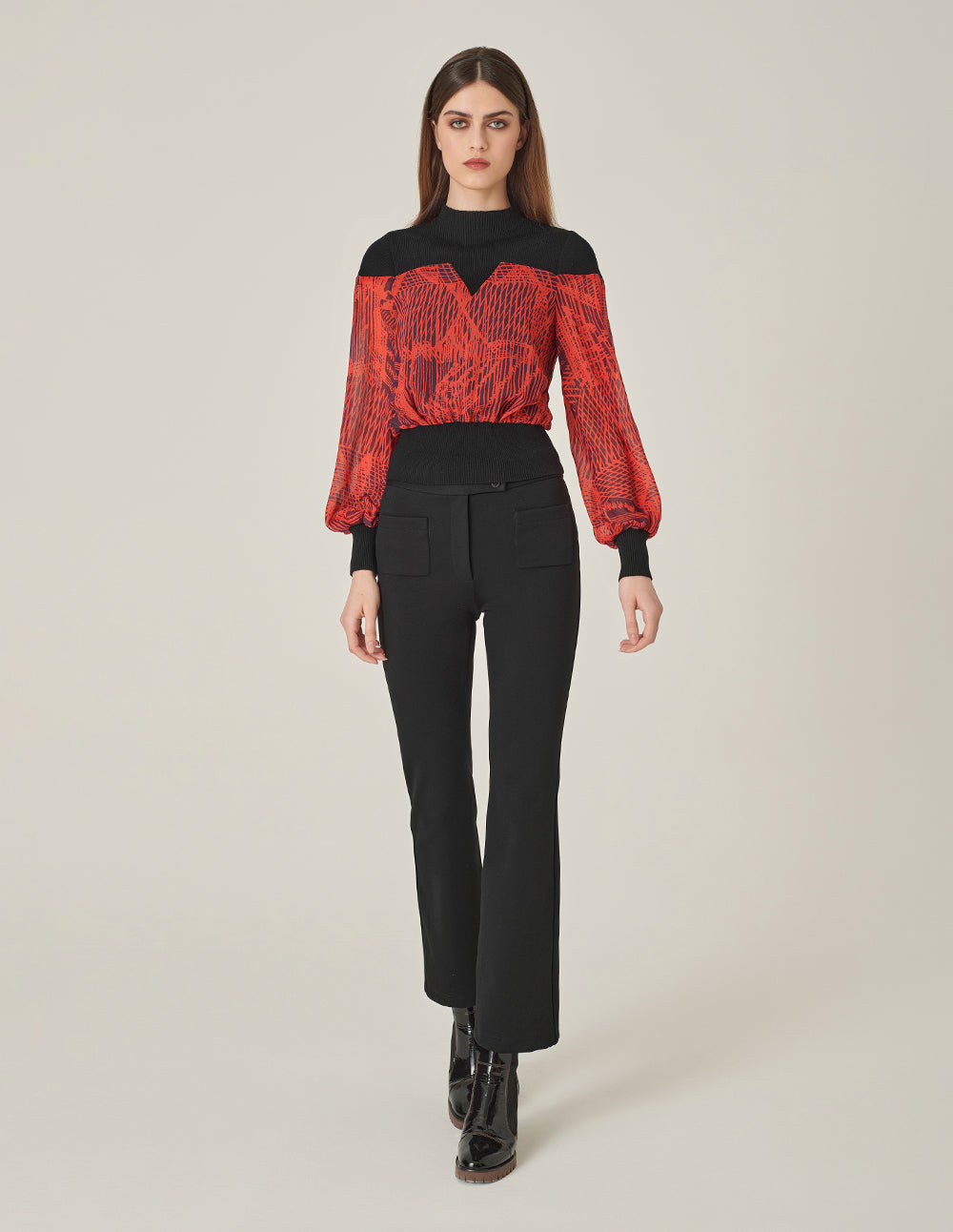 MARYLING High Collar Knit Patchwork Print Blouse
