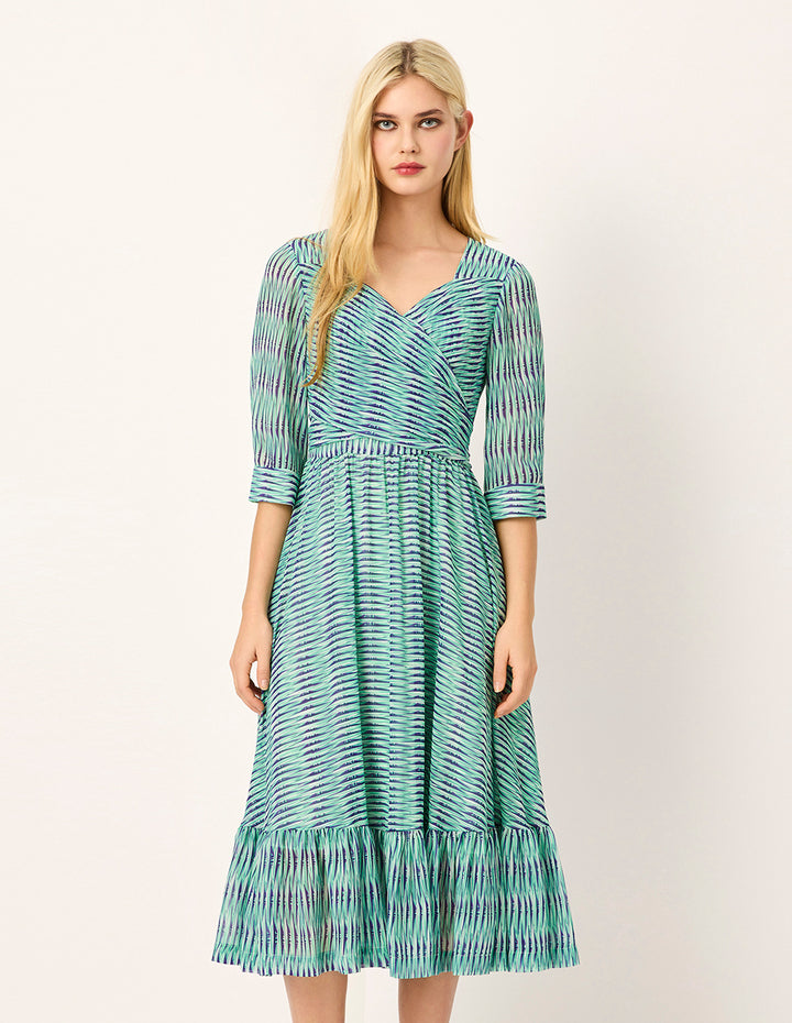 MARYLING Diamond Neck Cross Empire-Waist Striped-Print Flounce Midi Dress