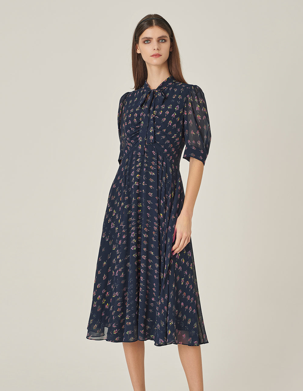 MARYLING V-Neck Ribbon Tree-Printed Blue Dress