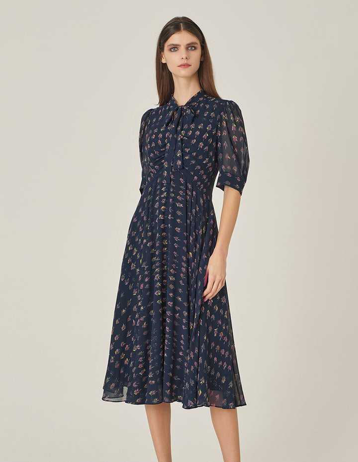 MARYLING V-Neck Ribbon Tree-Printed Blue Dress