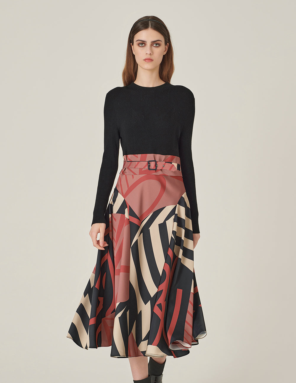 MARYLING Round-Neck Long-Sleeve Knitted Printed Pleated Midi Dress