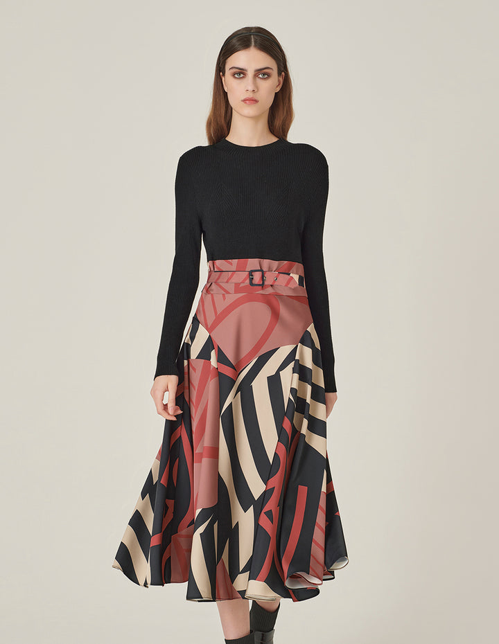 MARYLING Round-Neck Long-Sleeve Knitted Printed Pleated Midi Dress
