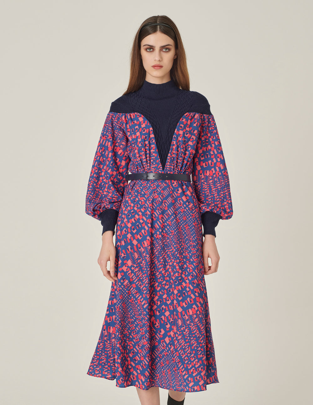 MARYLING Stand Collar Long-Sleeve Printed Patchwork Midi Knitted Dress