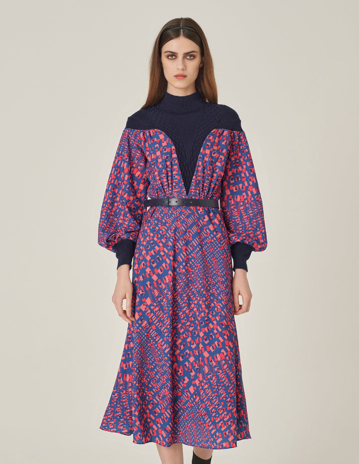 MARYLING Stand Collar Long-Sleeve Printed Patchwork Midi Knitted Dress