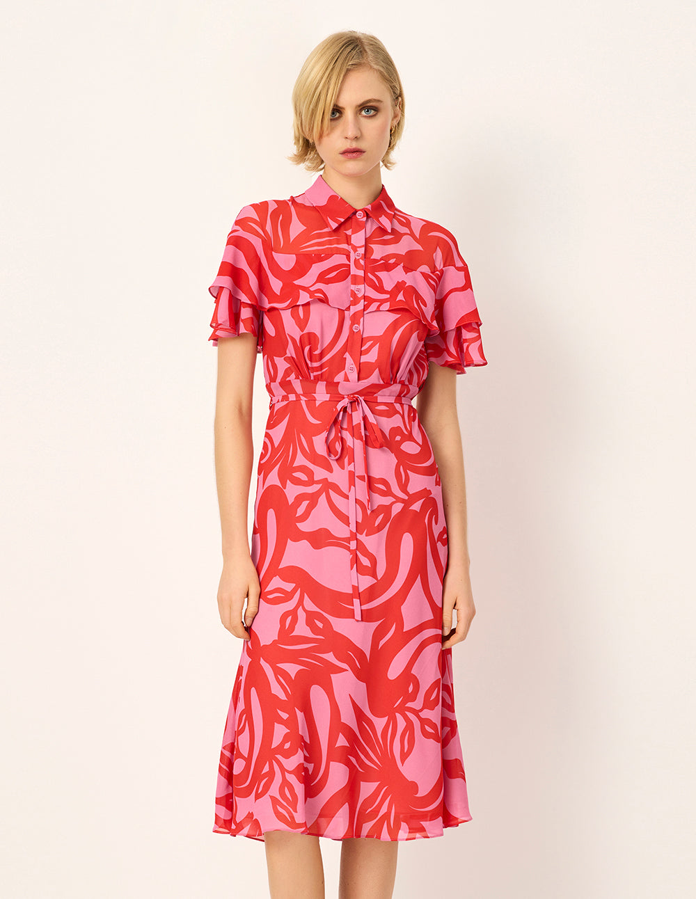 MARYLING Lapel Ruffle Short-Sleeve Floral Print Shirt Midi Dress