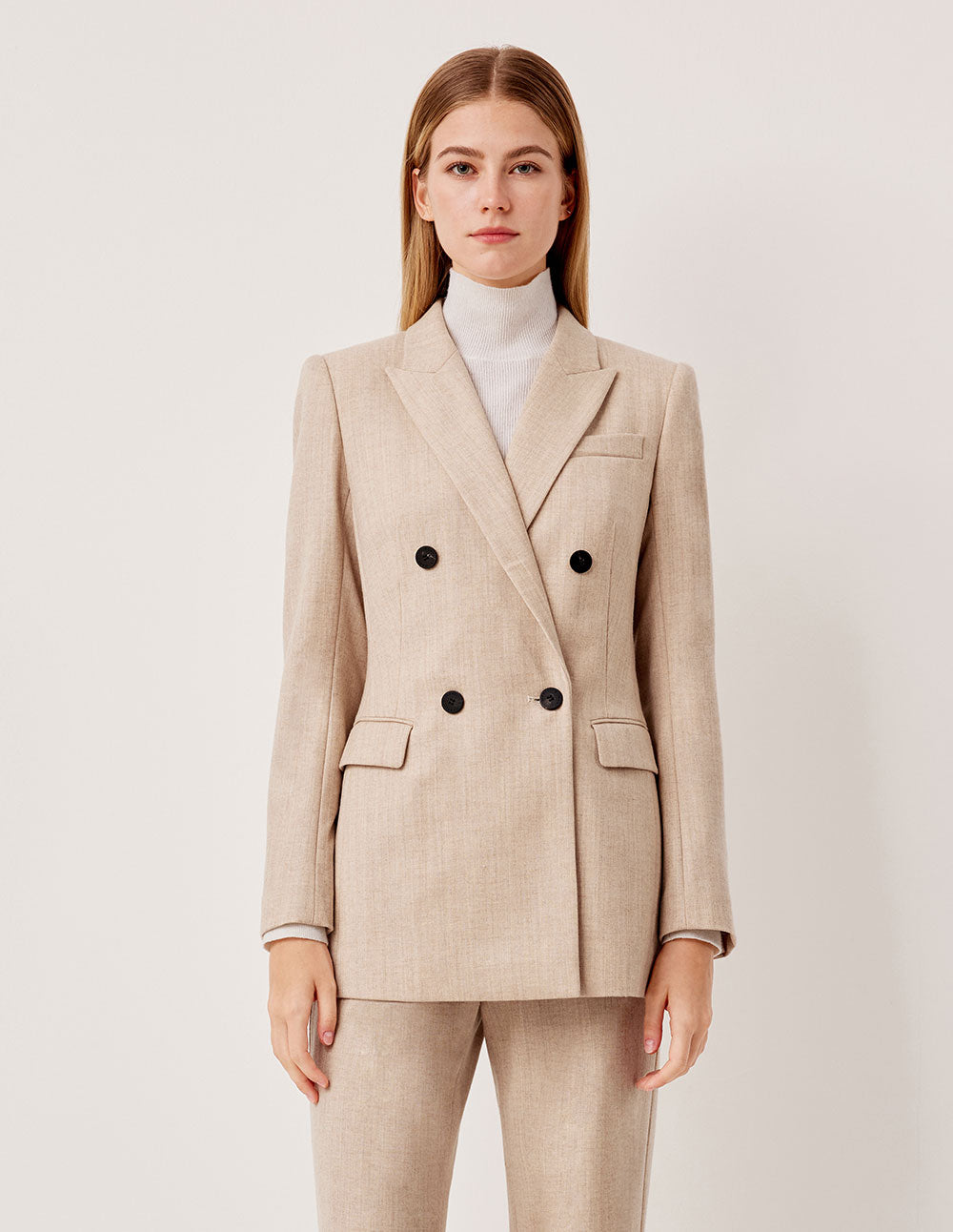 MARYLING Peaked Lapel Double-Breasted Commuter Beige Full Wool Blazer
