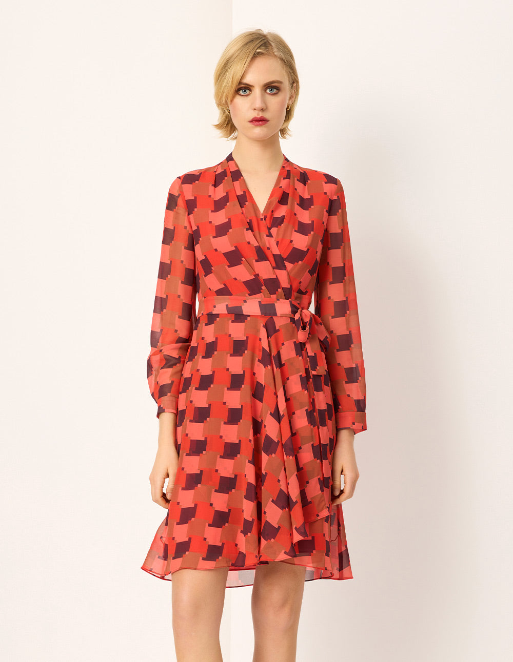 MARYLING Red Houndstooth Wrap Printed Midi Dress