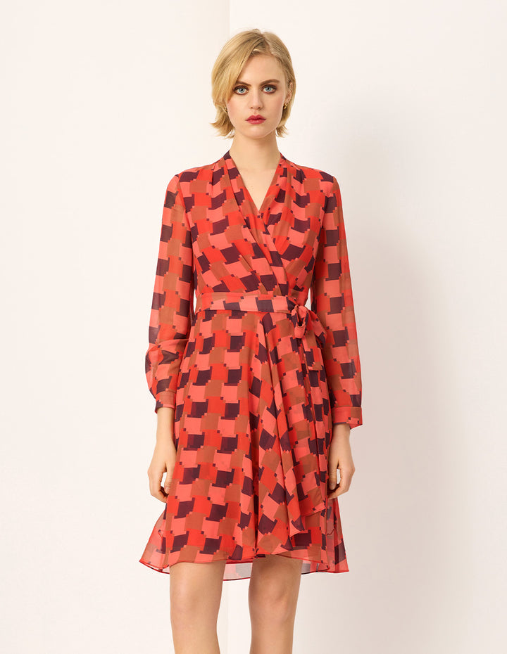 MARYLING Red Houndstooth Wrap Printed Midi Dress