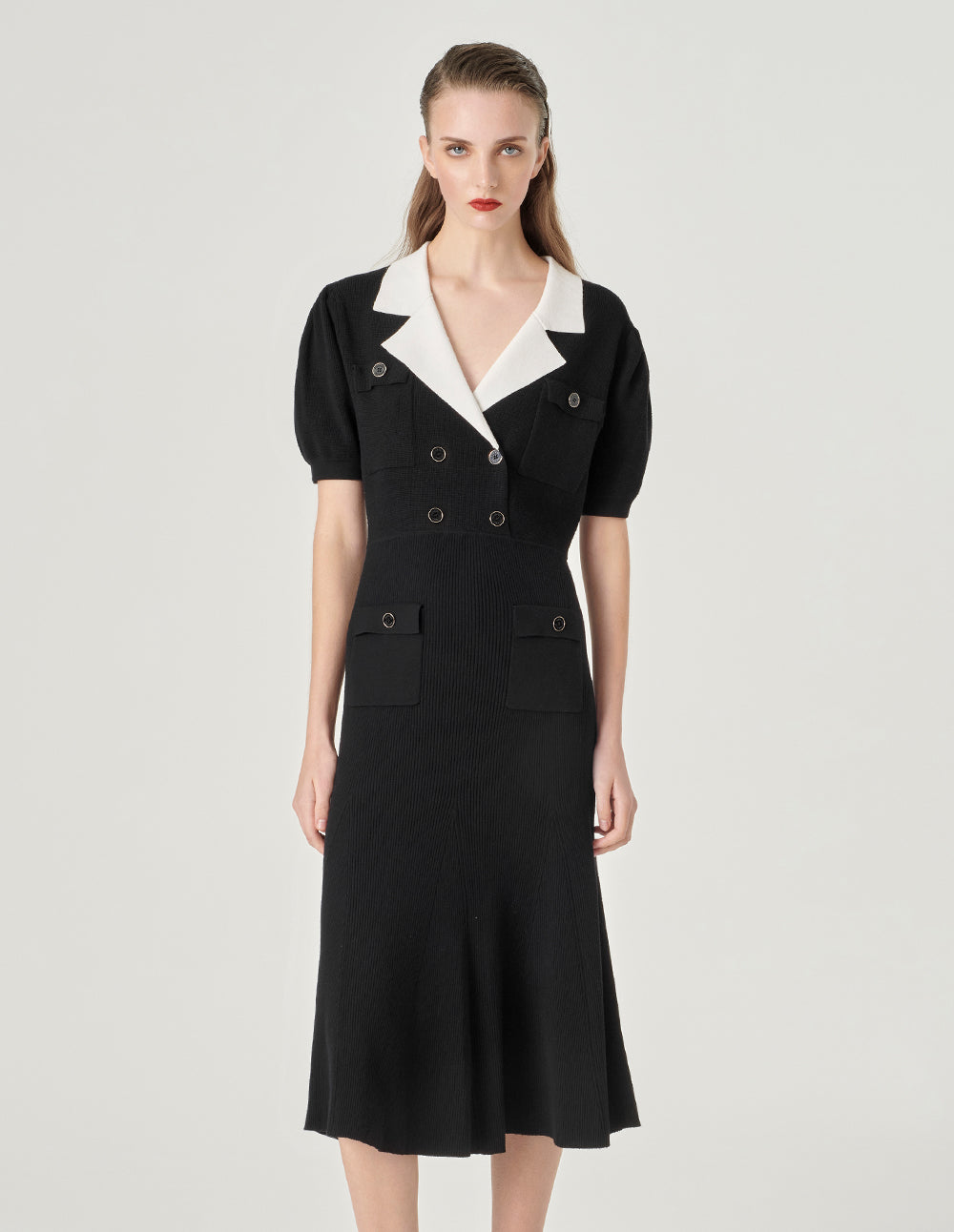 MARYLING Black And White Contrasting Lapel Short-Sleeved Knitted Dress