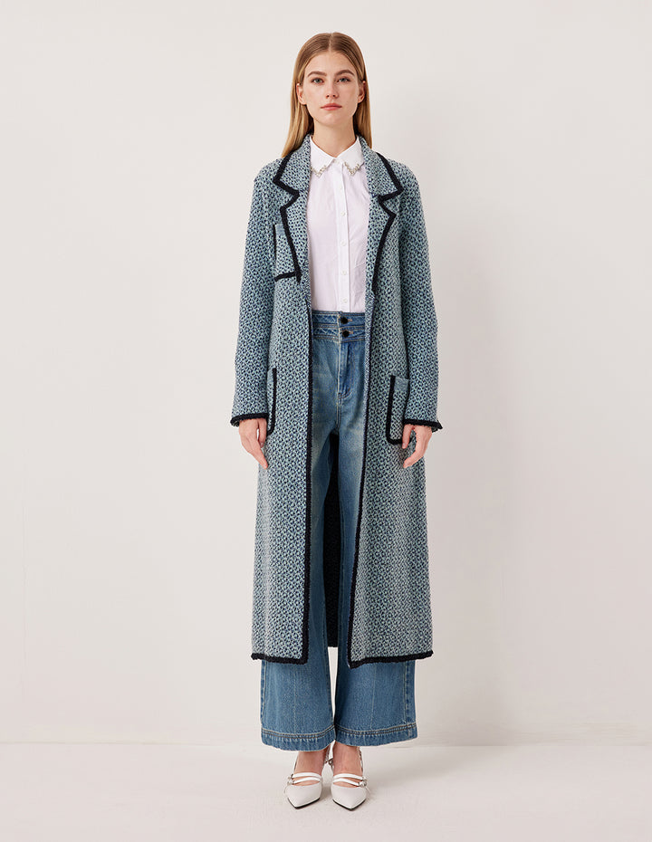 MARYLING Peaked Lapel Black Trim Wrap Long Knit Cardigan with Belt