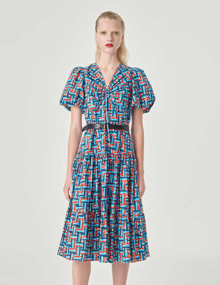 MARYLING Plaid V-Neck Puff Short Sleeve A-Hem Dress