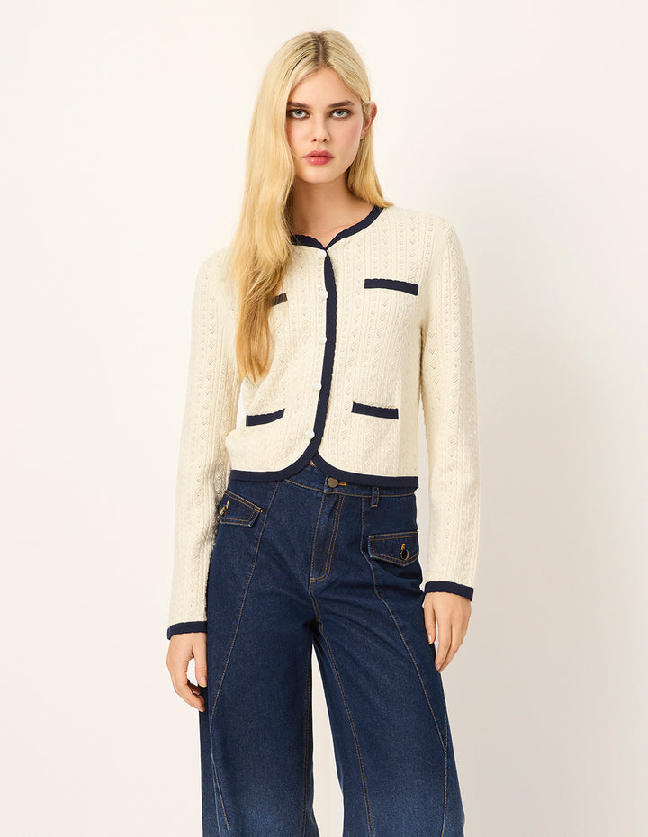 MARYLING Round-Neck Long-Sleeve Black Stripe Trim knitted cardigan