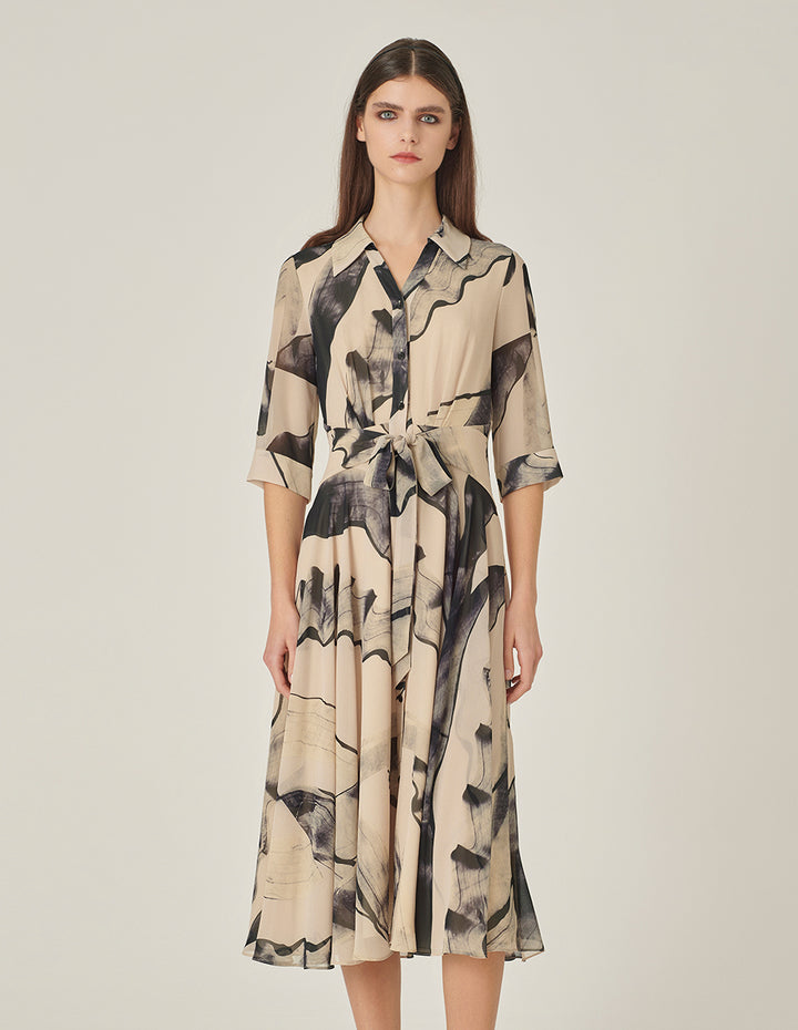 MARYLING 3/4 Sleeve Swing Print Shirt Dress