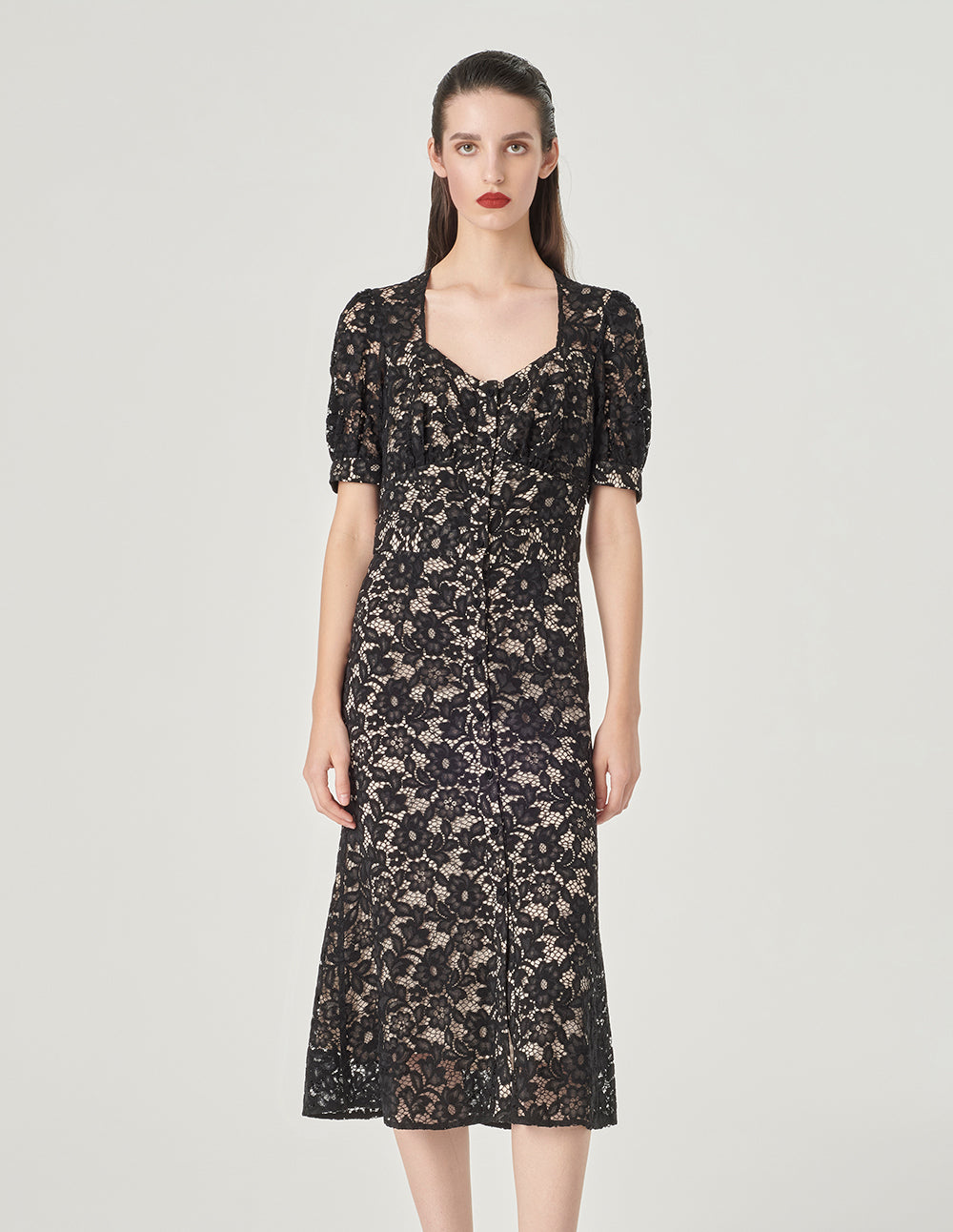 MARYLING Puff Sleeve Fishtail Lace Dress