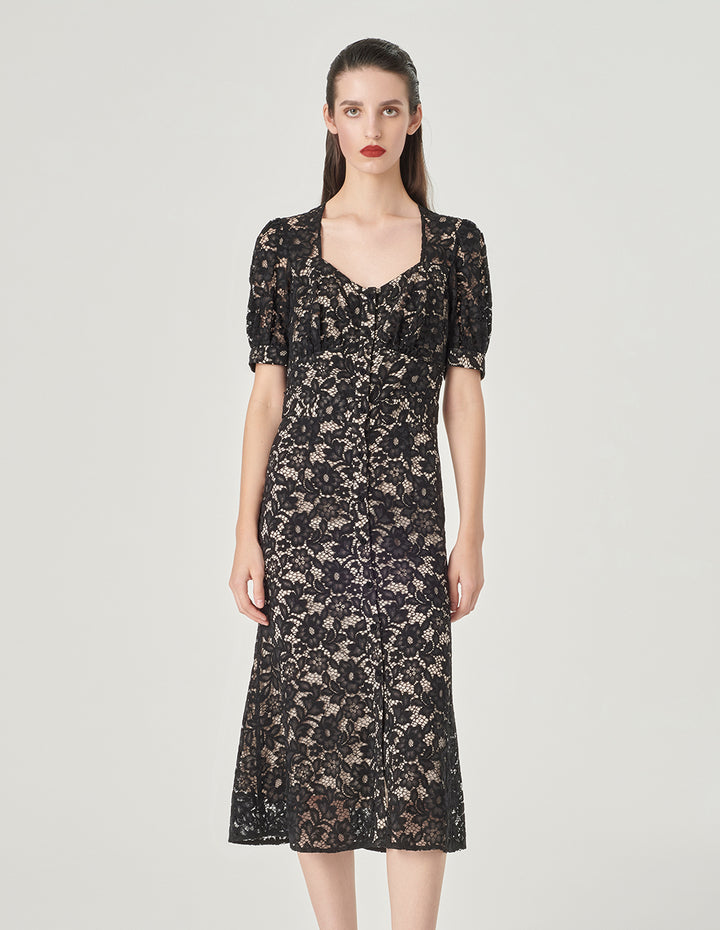 MARYLING Puff Sleeve Fishtail Lace Dress