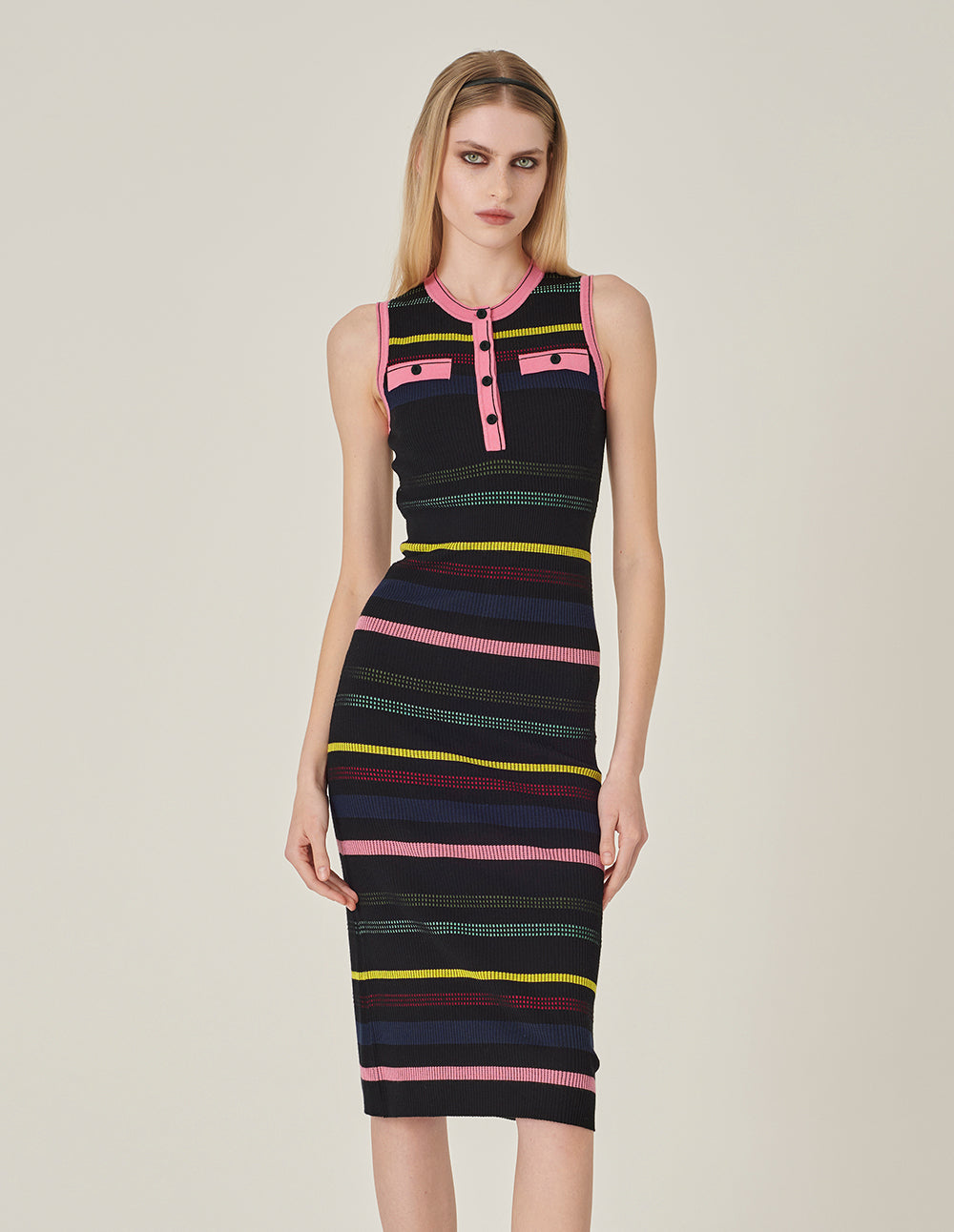 MARYLING Round Neck Sleeveless Colorful Striped Knitted Dress