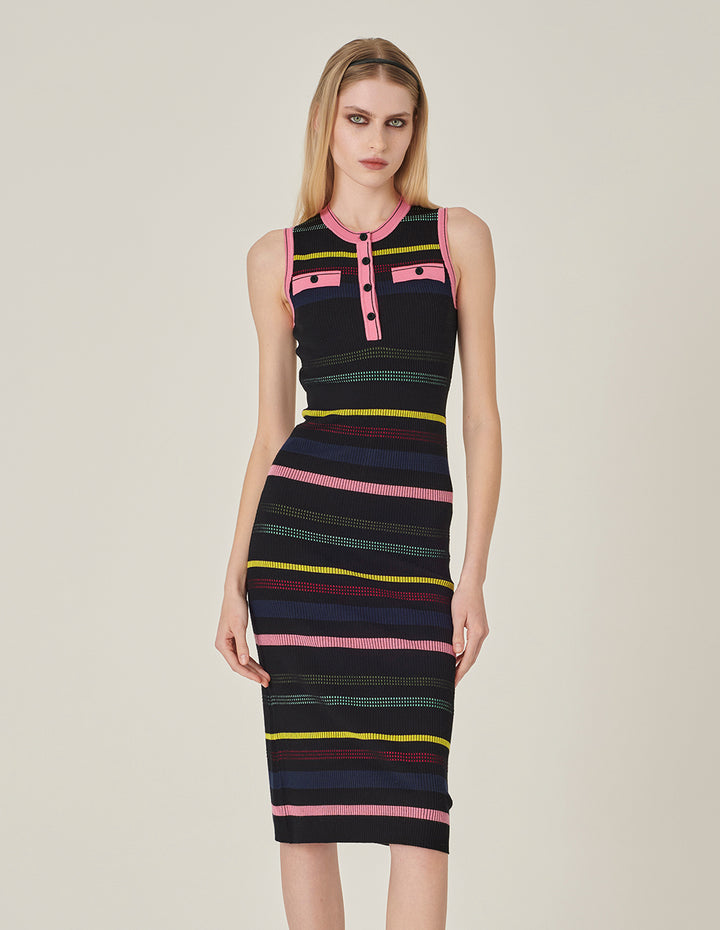 MARYLING Round Neck Sleeveless Colorful Striped Knitted Dress