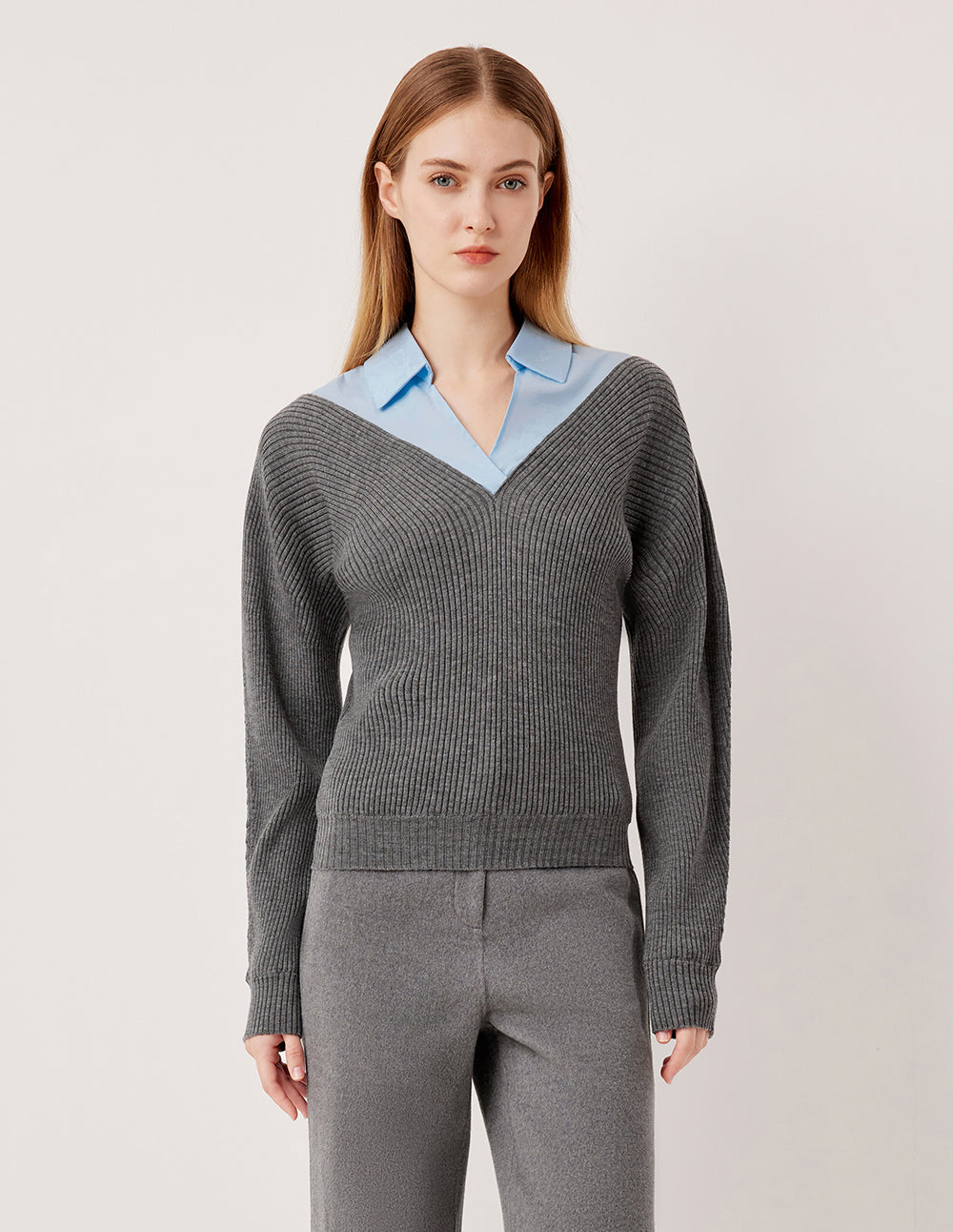 MARYLING Gray-Blue Wool Knit Patchwork Shirt Two-Tone Pullover