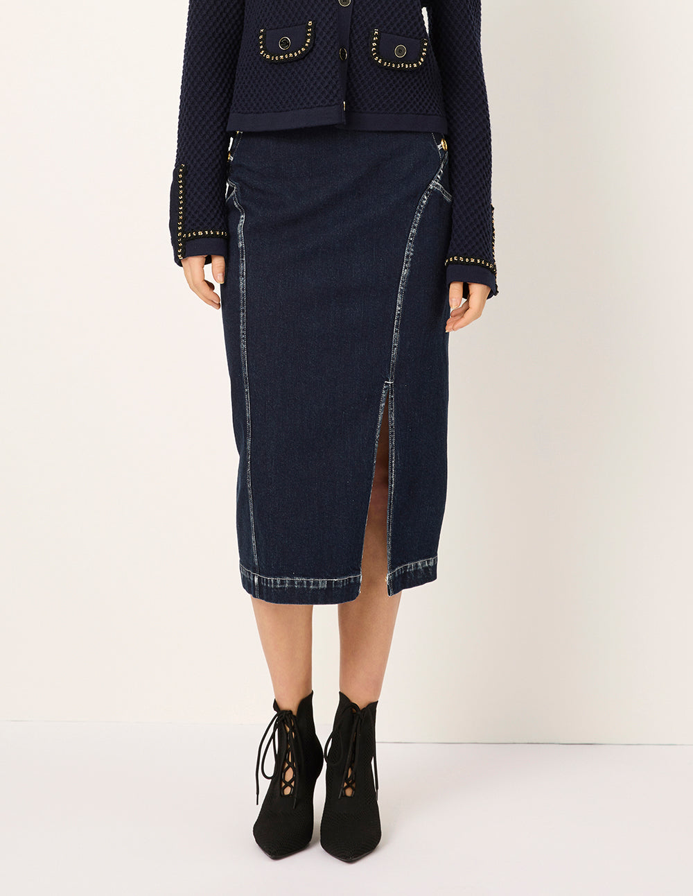 MARYLING White Trim Slit Knee-Length Denim Skirt