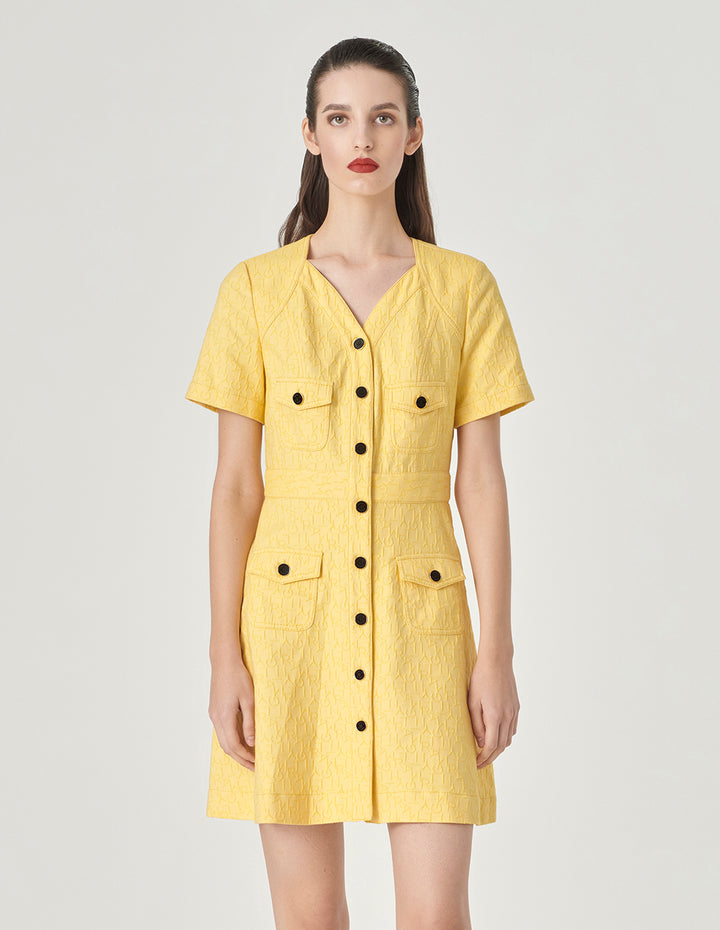 MARYLING V-Neck Short-Sleeve Letter-Logo Jacquard Dress